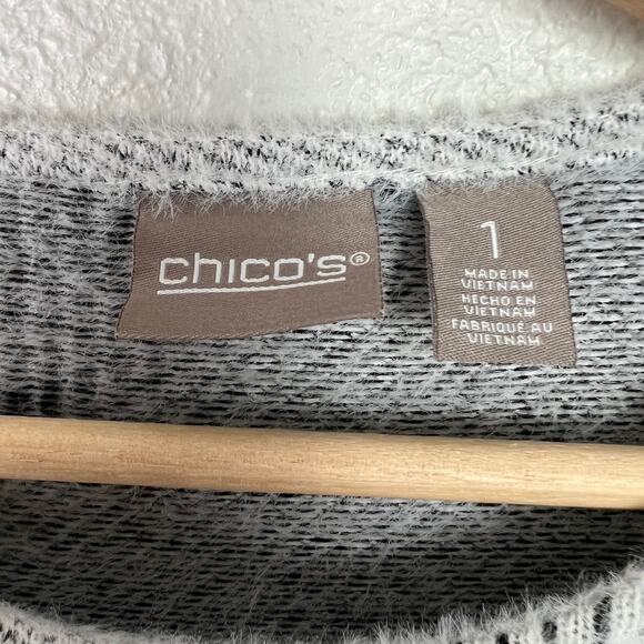 Chico's Diagonal Stripe White Black Fuzzy Soft 3/4 Sleeve Sweater Size 1-Medium - Picture 3 of 8